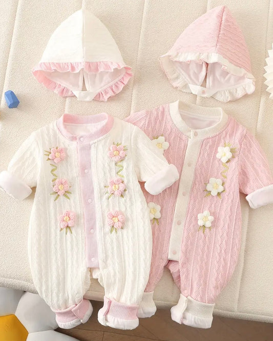 Baby Girl Knit Hooded Romper+hat • Soft Winter Outfit • Embroidered Floral Jumpsuit • Ruffle Hood Onesie • size 3–6M Pink OR White