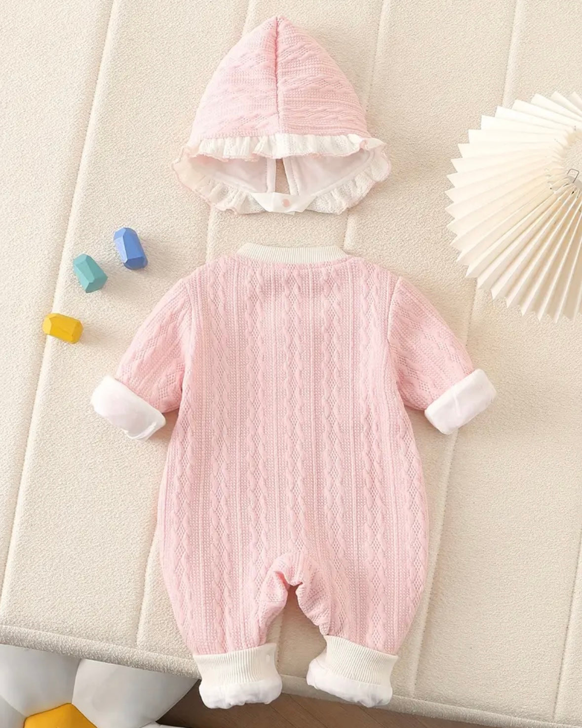 Baby Girl Knit Hooded Romper+hat • Soft Winter Outfit • Embroidered Floral Jumpsuit • Ruffle Hood Onesie • size 3–6M Pink OR White
