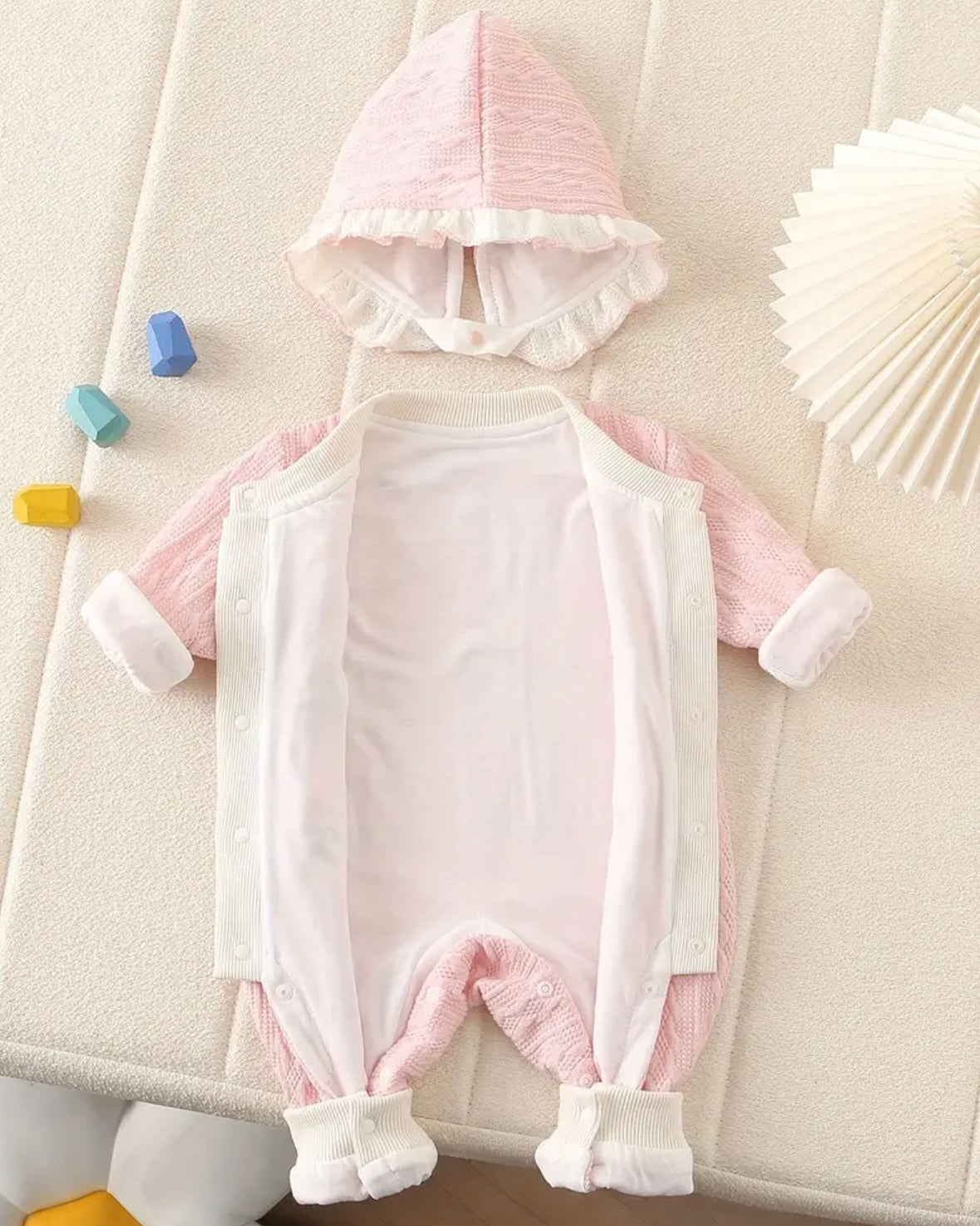 Baby Girl Knit Hooded Romper+hat • Soft Winter Outfit • Embroidered Floral Jumpsuit • Ruffle Hood Onesie • size 3–6M Pink OR White