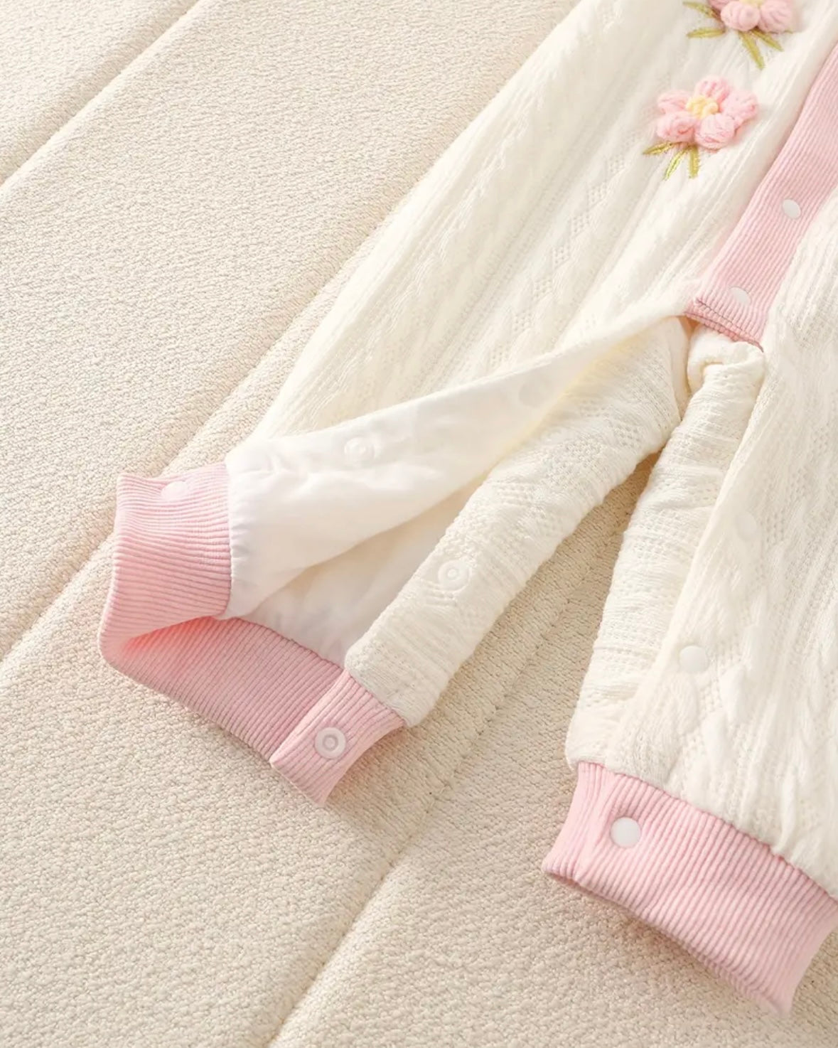 Baby Girl Knit Hooded Romper+hat • Soft Winter Outfit • Embroidered Floral Jumpsuit • Ruffle Hood Onesie • size 3–6M Pink OR White