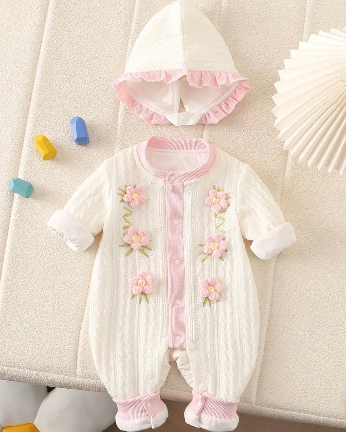 Baby Girl Knit Hooded Romper+hat • Soft Winter Outfit • Embroidered Floral Jumpsuit • Ruffle Hood Onesie • size 3–6M Pink OR White