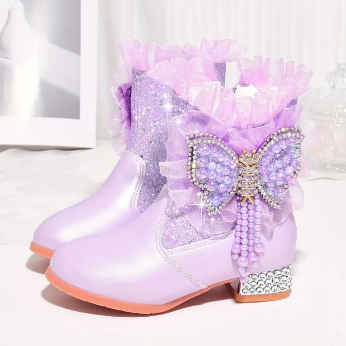 Lavender Glitter Butterfly Princess Boots – U.S. Size 11 | Toddler Girls Sparkly Dress-Up Shoes