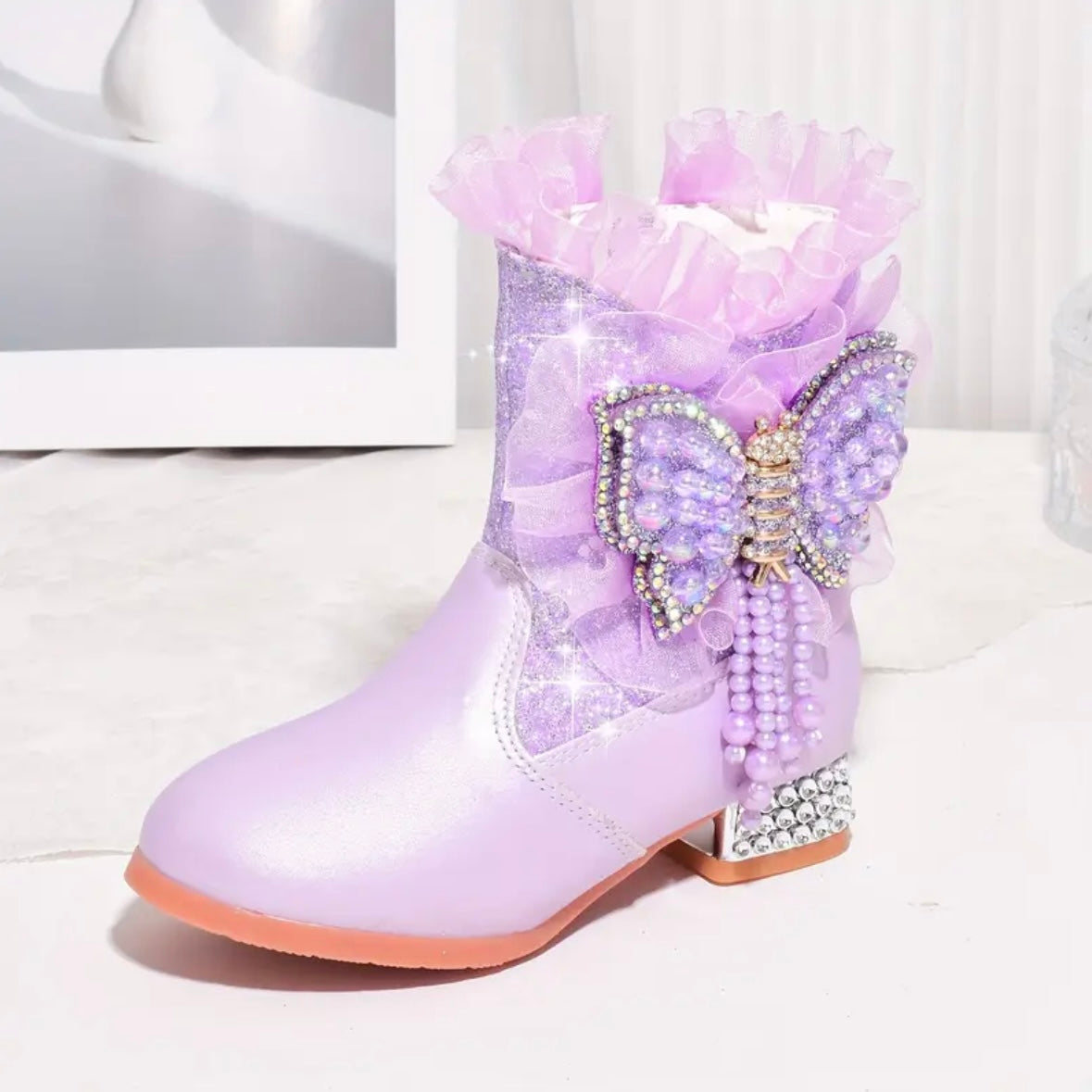 Lavender Glitter Butterfly Princess Boots – U.S. Size 11 | Toddler Girls Sparkly Dress-Up Shoes