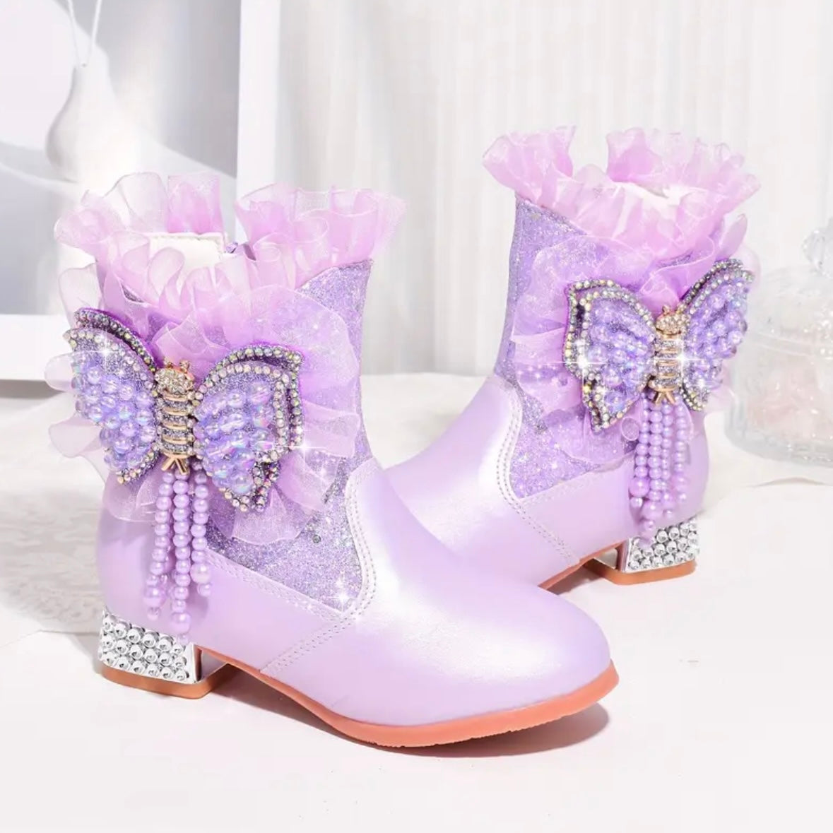 Lavender Glitter Butterfly Princess Boots – U.S. Size 11 | Toddler Girls Sparkly Dress-Up Shoes