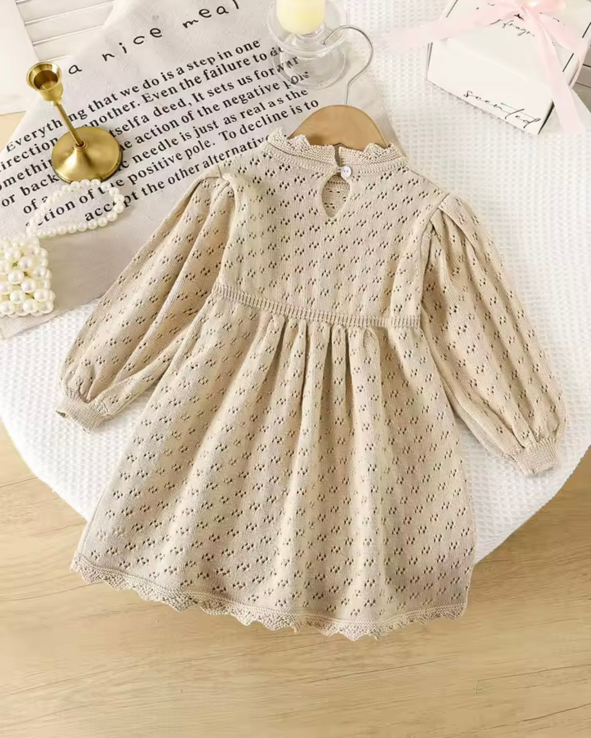 Cream Knit Lace Dress – Size 3Y | Vintage-Inspired Long Sleeve Girls Dress