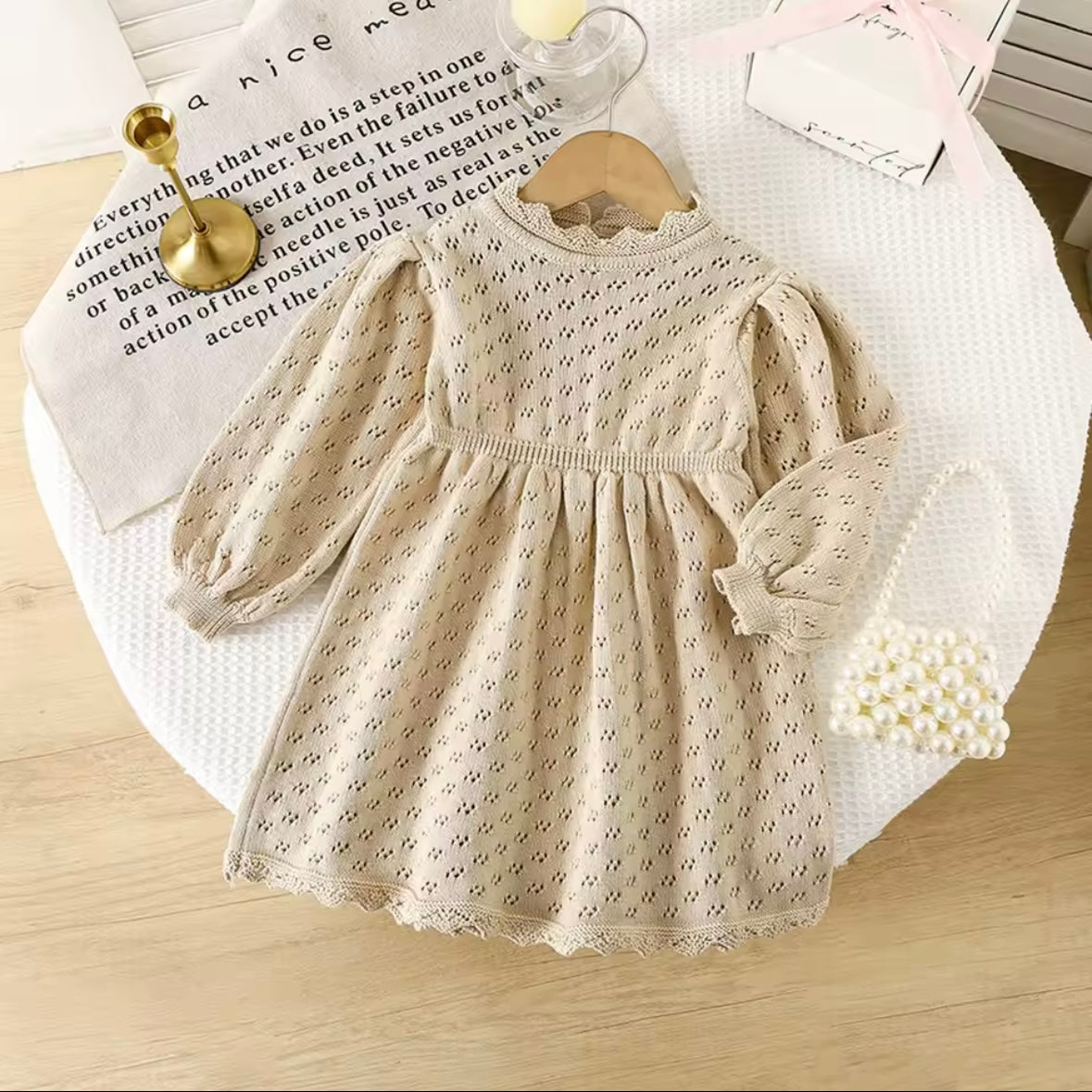 Cream Knit Lace Dress – Size 3Y | Vintage-Inspired Long Sleeve Girls Dress
