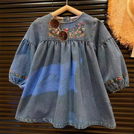 Denim Floral Embroidered Dress – Size 3T | Vintage-Inspired Girls Fall Dress