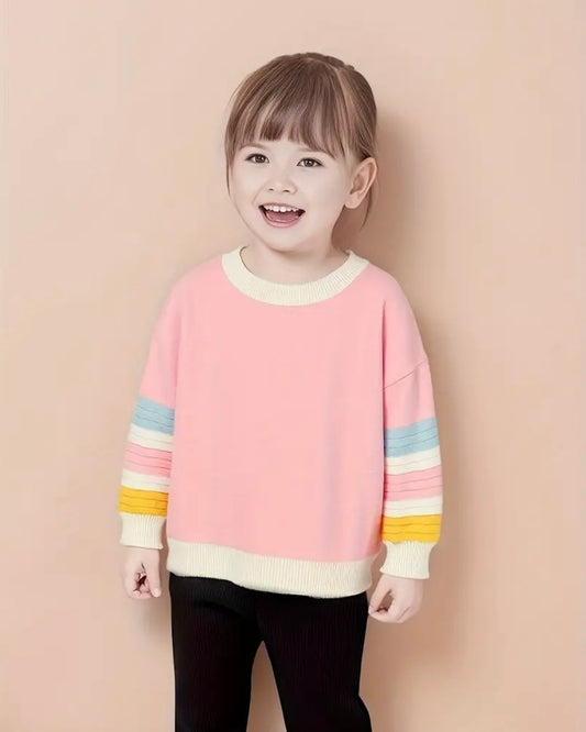 Pastel Rainbow Sleeve Knit Sweater – Size 2T | Soft Pink Pullover for Girls