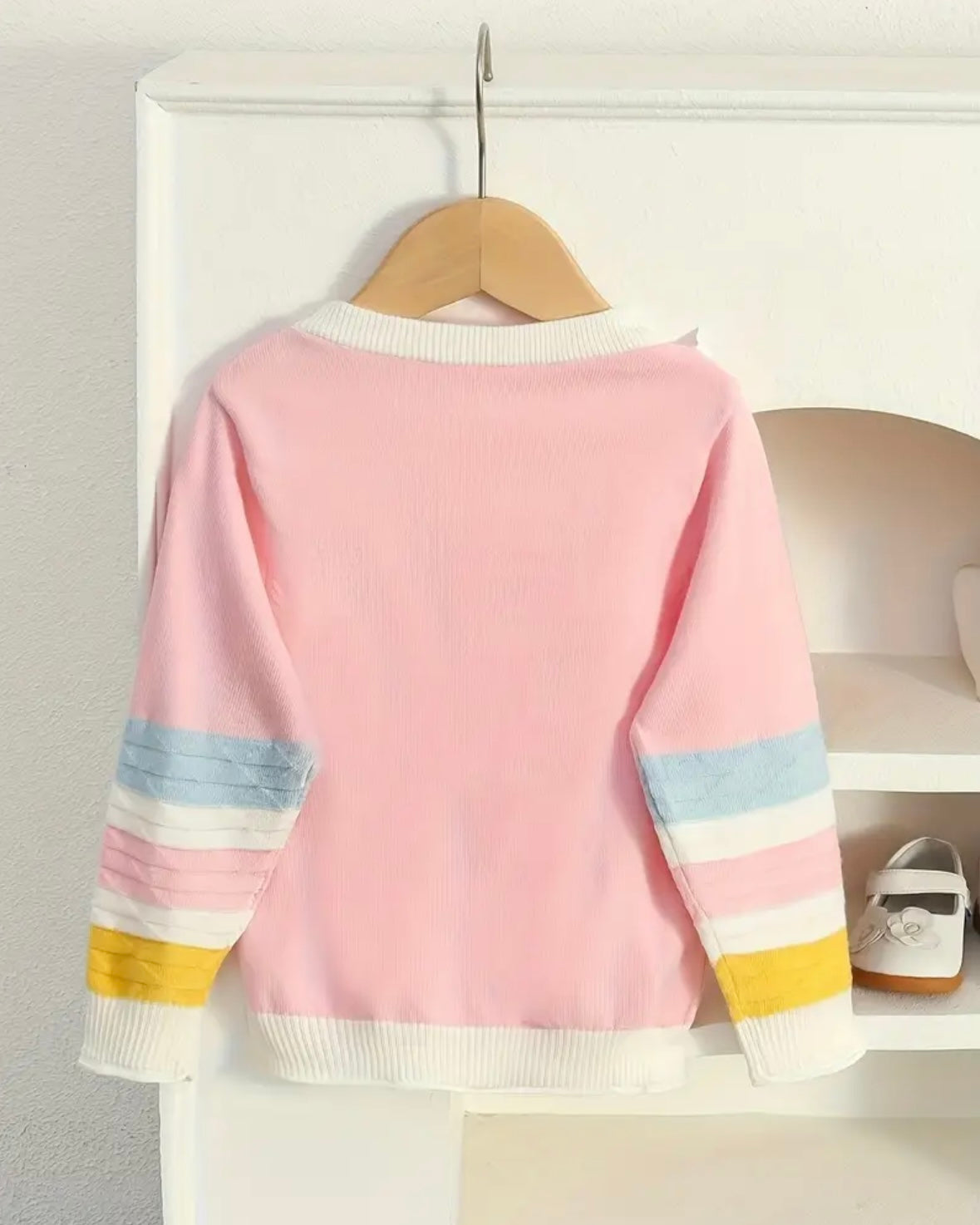 Pastel Rainbow Sleeve Knit Sweater – Size 2T | Soft Pink Pullover for Girls