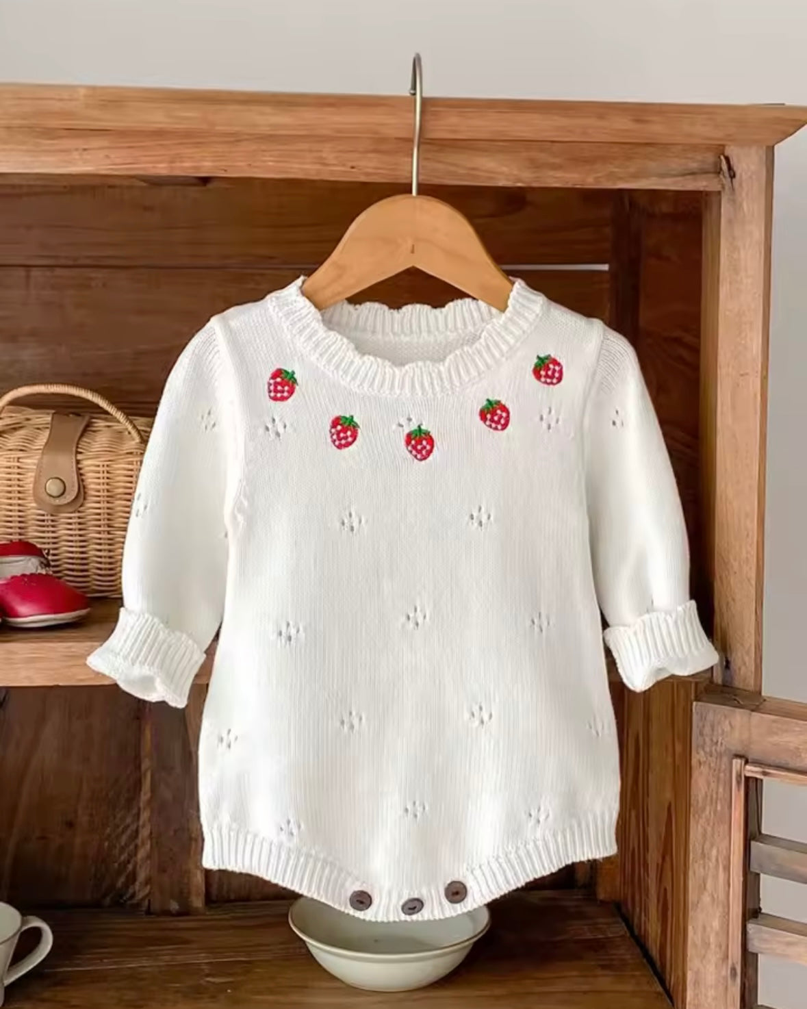 Knitted Strawberry Baby Romper – Size 3-6 Months | Soft White Cotton Jumpsuit for Girls