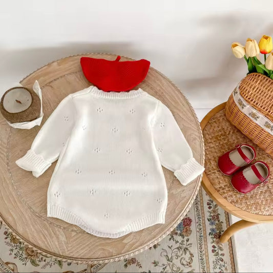 Knitted Strawberry Baby Romper – Size 3-6 Months | Soft White Cotton Jumpsuit for Girls