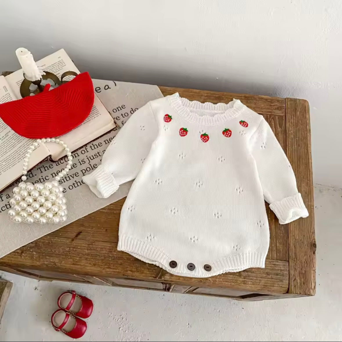 Knitted Strawberry Baby Romper – Size 3-6 Months | Soft White Cotton Jumpsuit for Girls