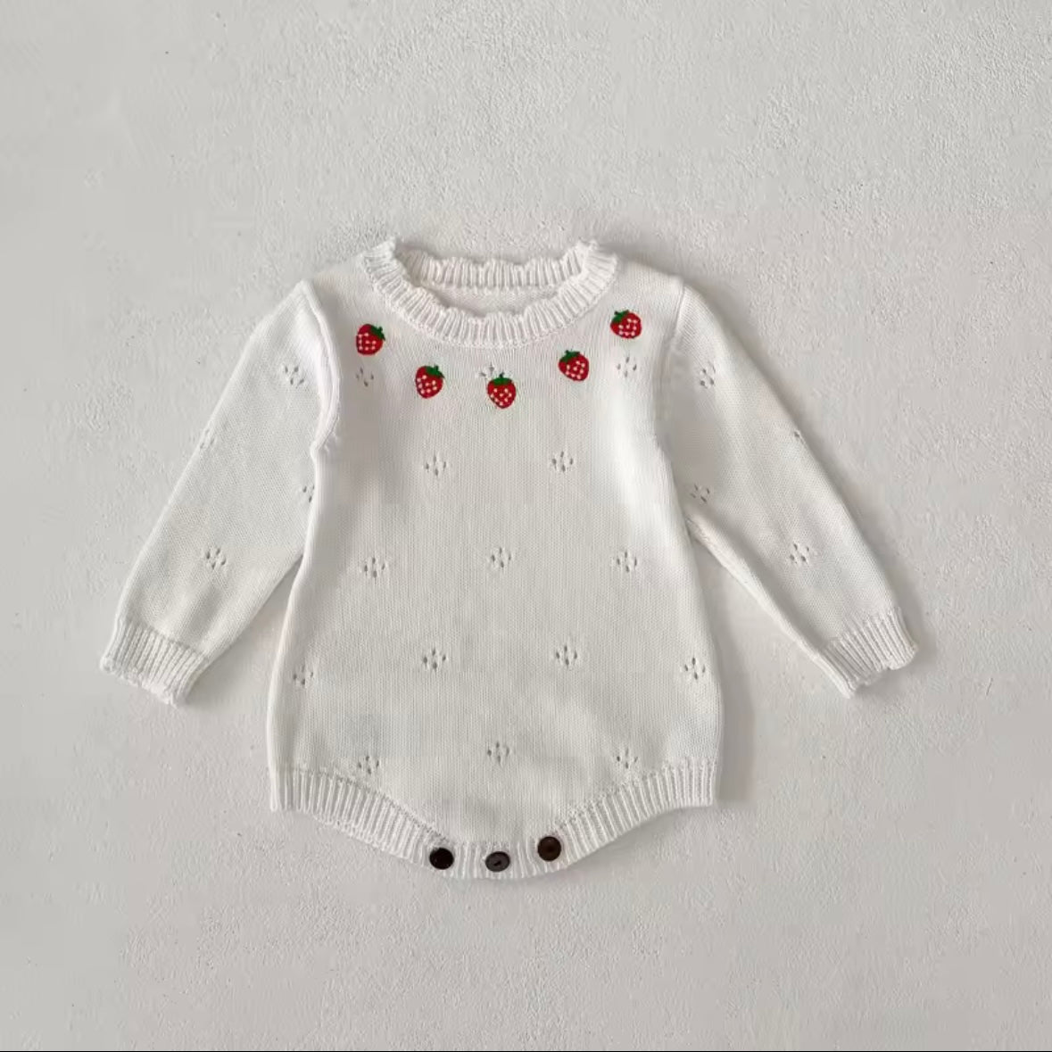 Knitted Strawberry Baby Romper – Size 3-6 Months | Soft White Cotton Jumpsuit for Girls