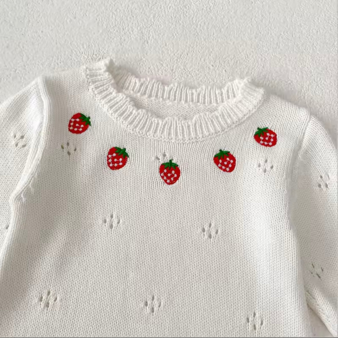 Knitted Strawberry Baby Romper – Size 3-6 Months | Soft White Cotton Jumpsuit for Girls