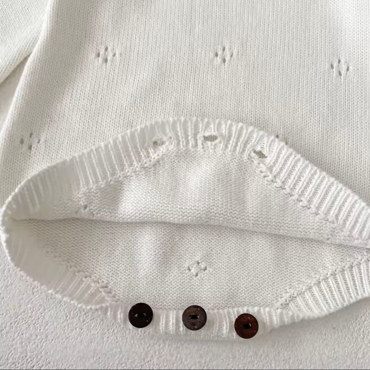 Knitted Strawberry Baby Romper – Size 3-6 Months | Soft White Cotton Jumpsuit for Girls