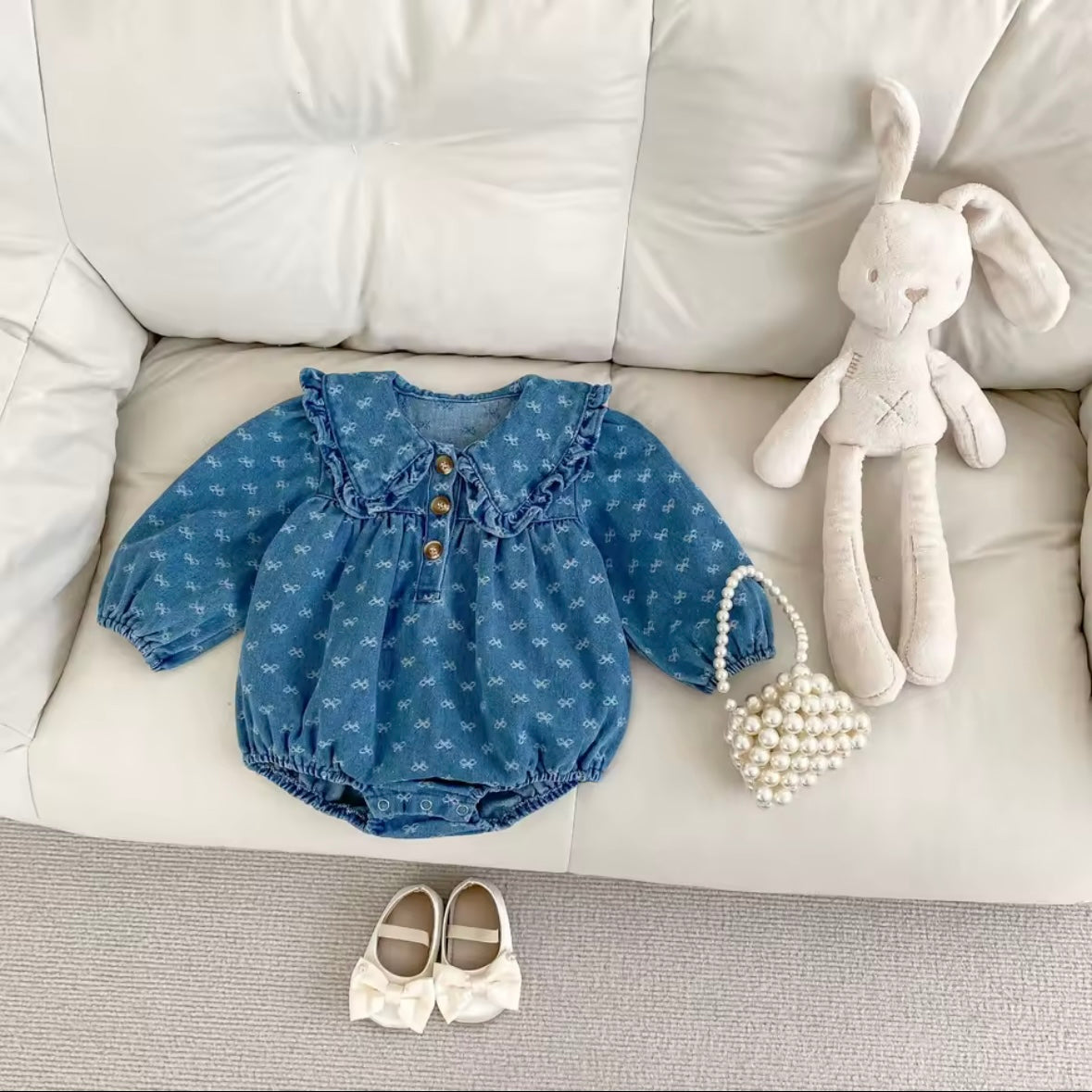 Vintage Denim Baby Romper – Size 6-9 Months | Ruffled Collar Long Sleeve Jumpsuit