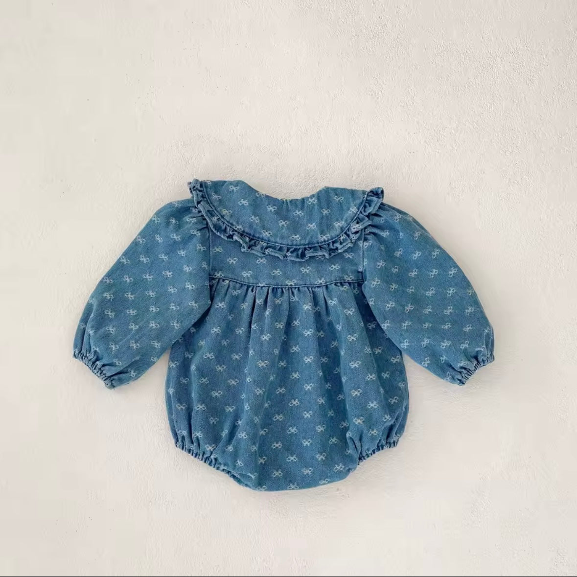 Vintage Denim Baby Romper – Size 6-9 Months | Ruffled Collar Long Sleeve Jumpsuit