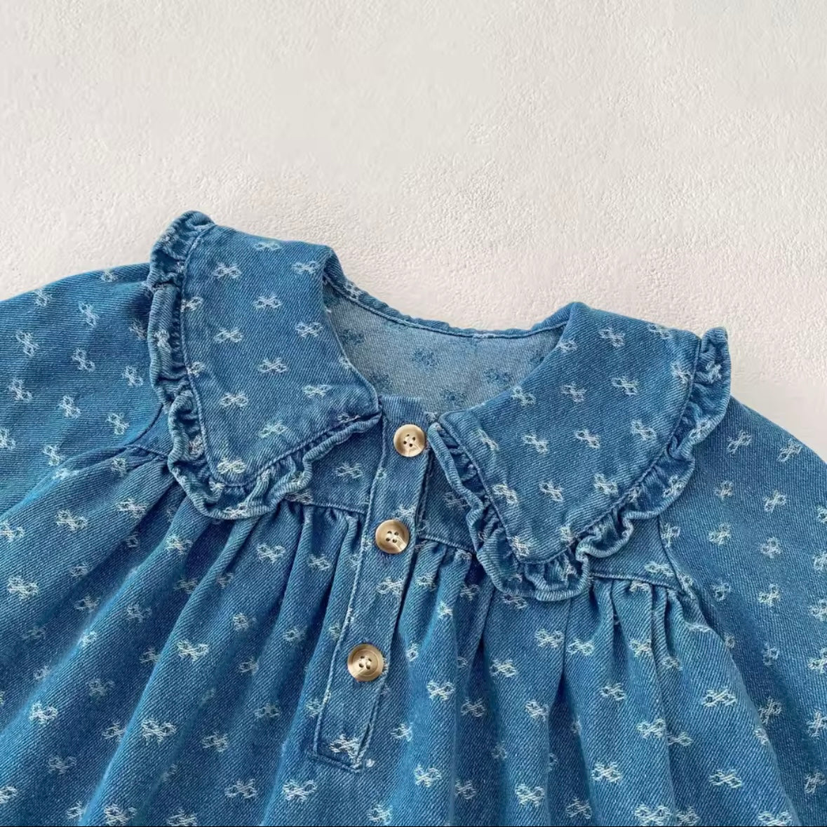 Vintage Denim Baby Romper – Size 6-9 Months | Ruffled Collar Long Sleeve Jumpsuit