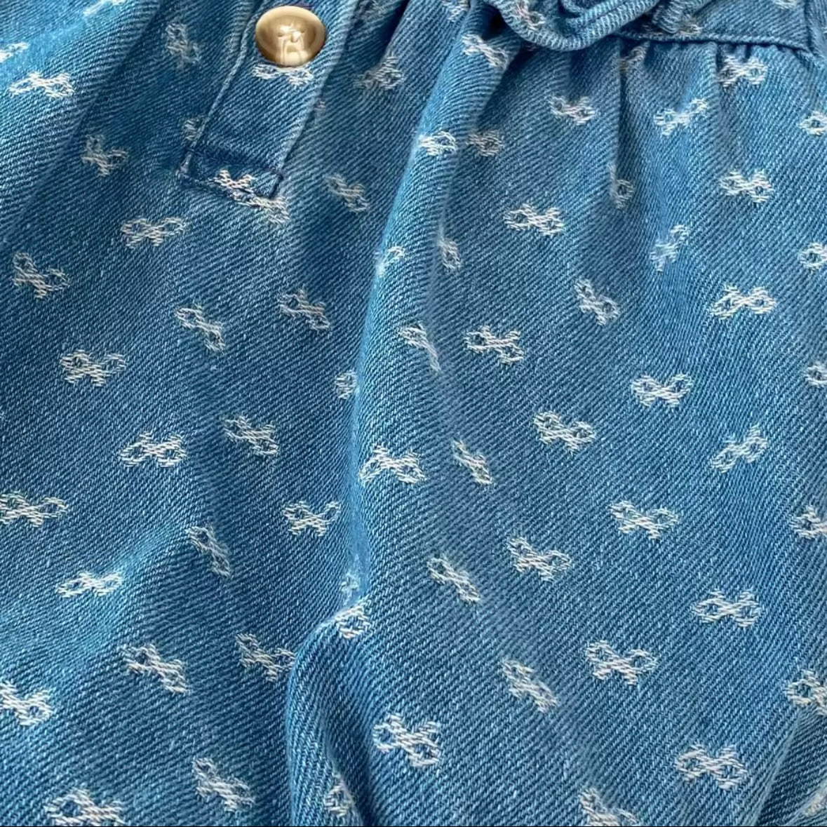 Vintage Denim Baby Romper – Size 6-9 Months | Ruffled Collar Long Sleeve Jumpsuit