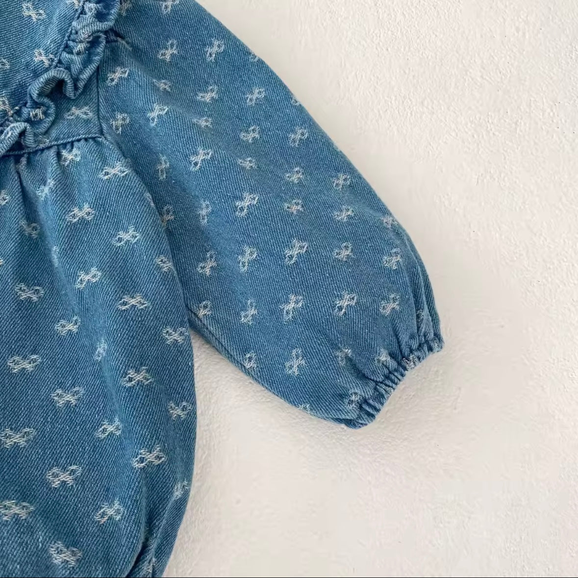 Vintage Denim Baby Romper – Size 6-9 Months | Ruffled Collar Long Sleeve Jumpsuit