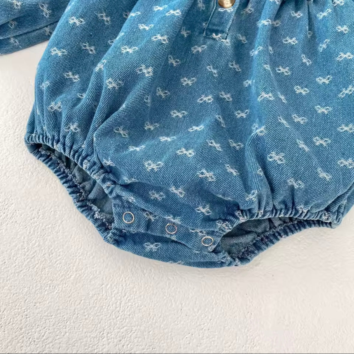 Vintage Denim Baby Romper – Size 6-9 Months | Ruffled Collar Long Sleeve Jumpsuit