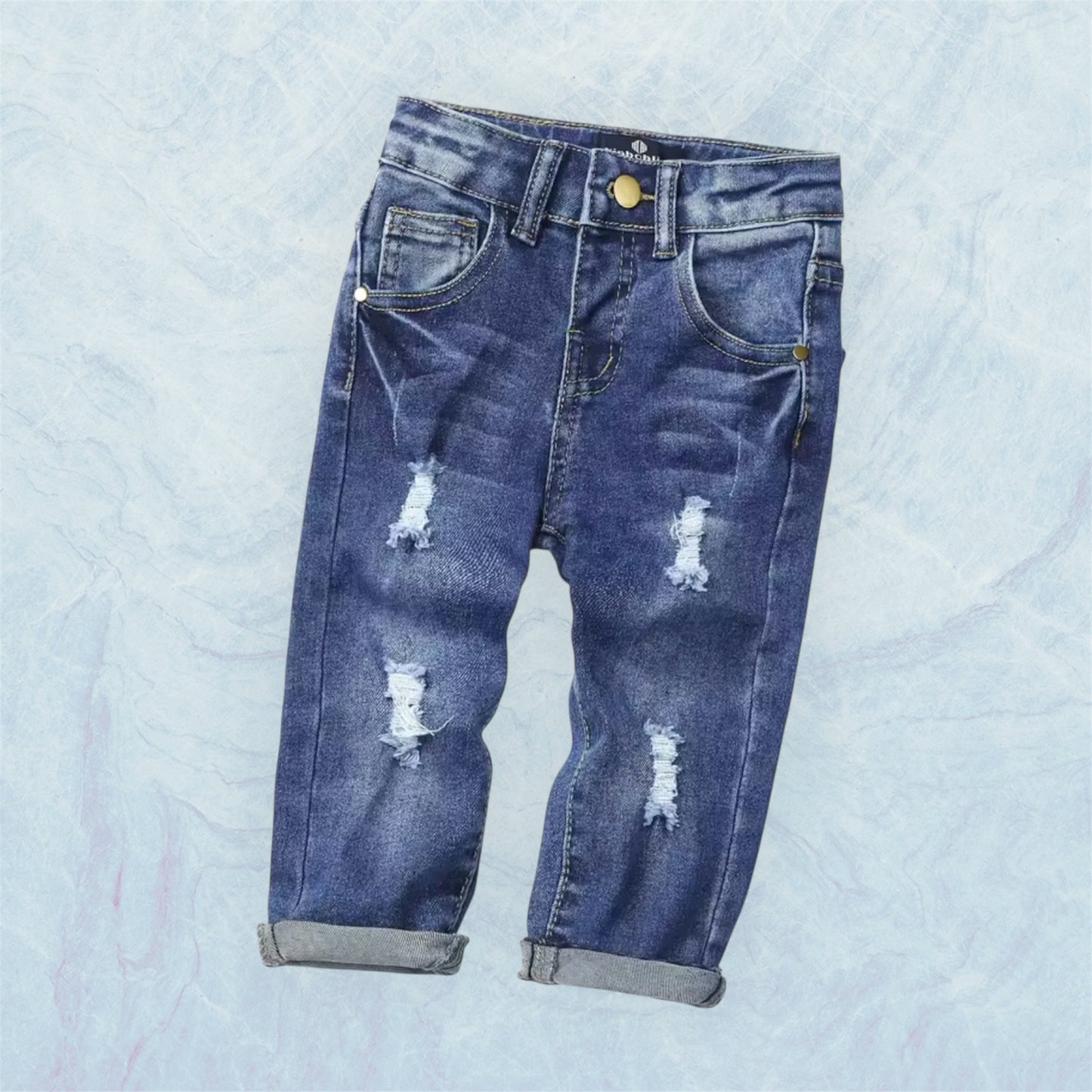 Trendy Distressed Kids’ Blue Jeans – Rolled Cuffs, Soft Denim, Unisex Style