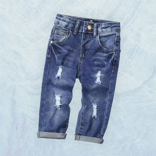 Trendy Distressed Kids’ Blue Jeans – Rolled Cuffs, Soft Denim, Unisex Style