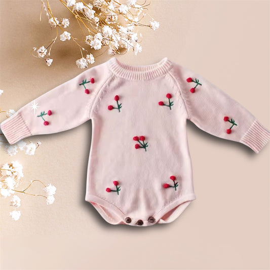 🍒 Cherry Knit Dreams Baby Romper