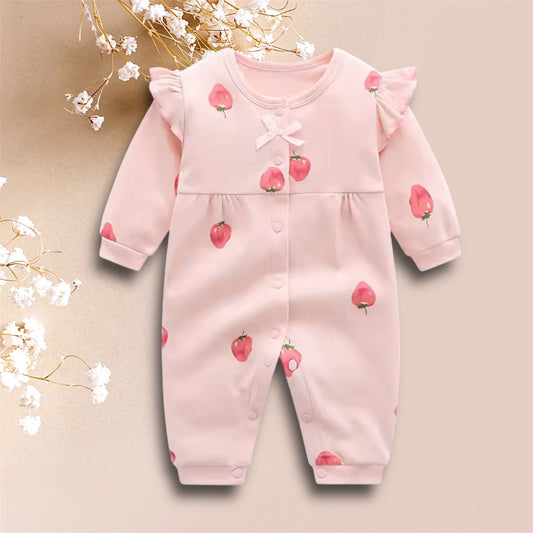 Baby Girl Strawberry Print Long Sleeve Romper. Size 0-3 months