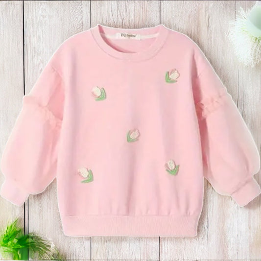 Girls Pink Sweater – Embroidered Tulip Design (3–4Y)
