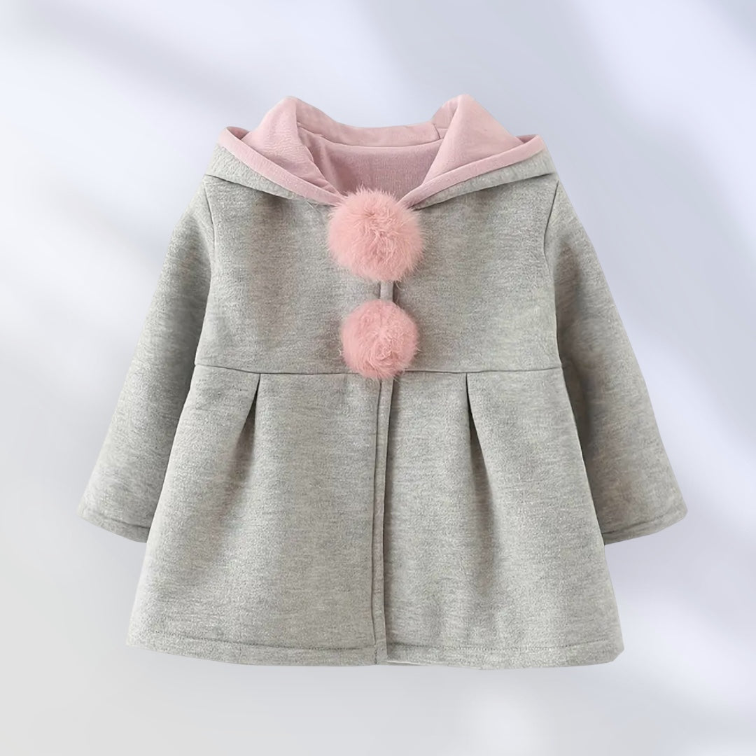 Ultra-Soft Girls’ Hooded Coat with Pink Pom Poms – Size 4–5Y