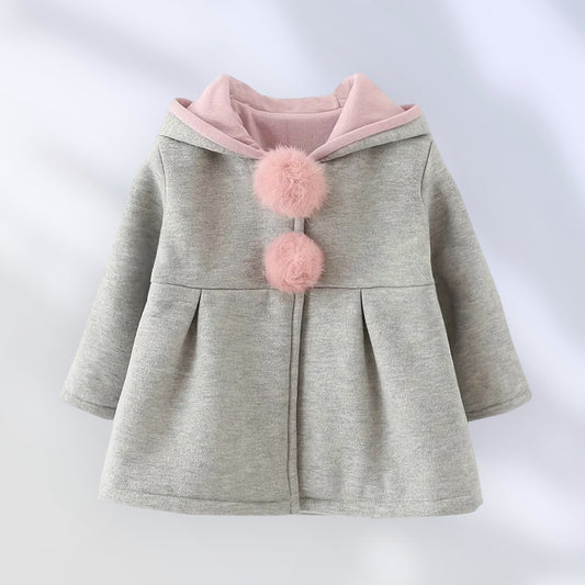 Ultra-Soft Girls’ Hooded Coat with Pink Pom Poms – Size 4–5Y