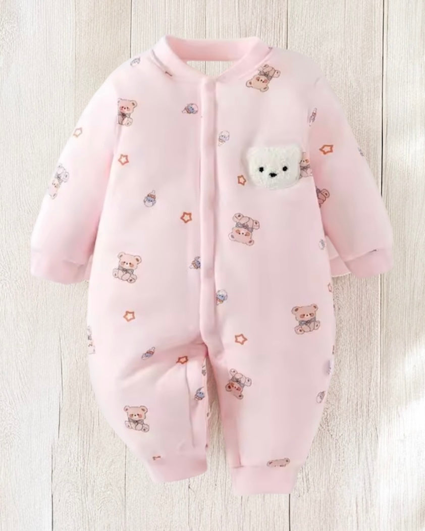 Baby Girl Pink Teddy Bear 100% cotton Romper with 3D Bear Pocket – Size 0–3M