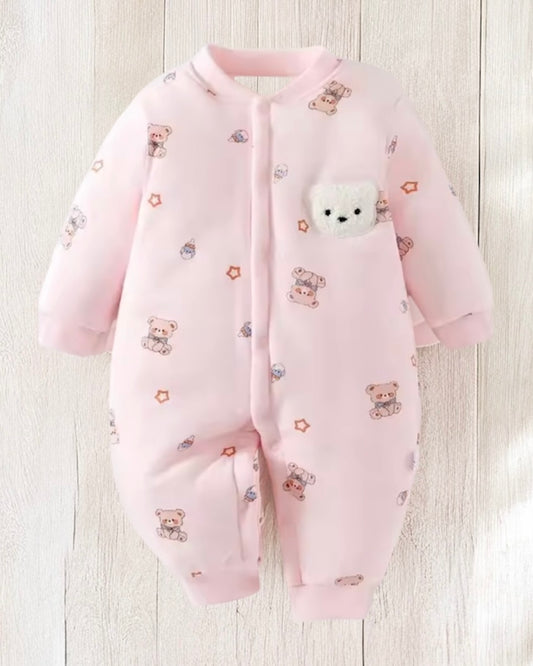 Baby Girl Pink Teddy Bear 100% cotton Romper with 3D Bear Pocket – Size 0–3M